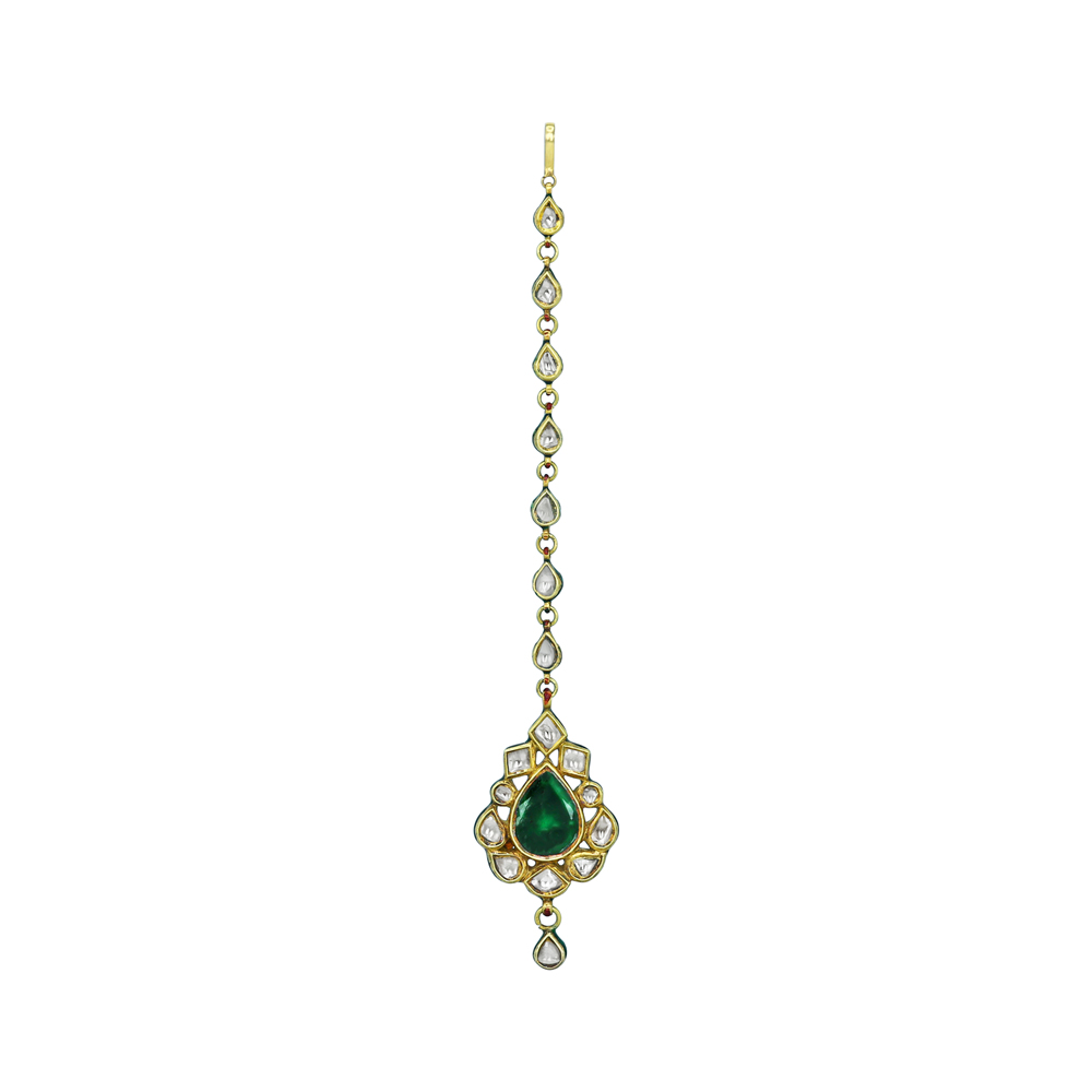 Pear-Shaped Green Gemstone Mangtikka with Polki Work